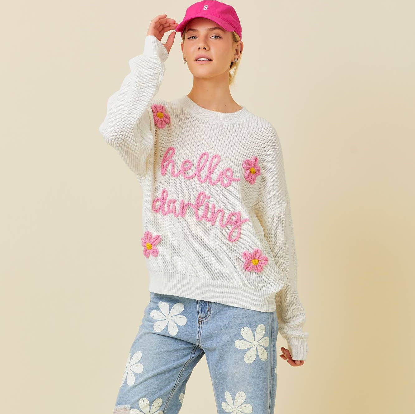 Hello Darling Flower Trim Sweater | Comfy Vintage Knit Sweatshirt [Sizes SM - L]