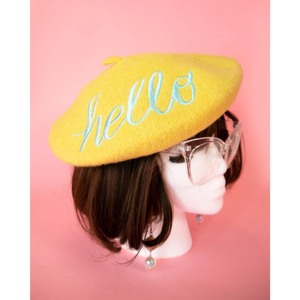 Hello Embroidered Beret in Yellow Hat La Vie Bien Hello Embroidered Beret in Yellow