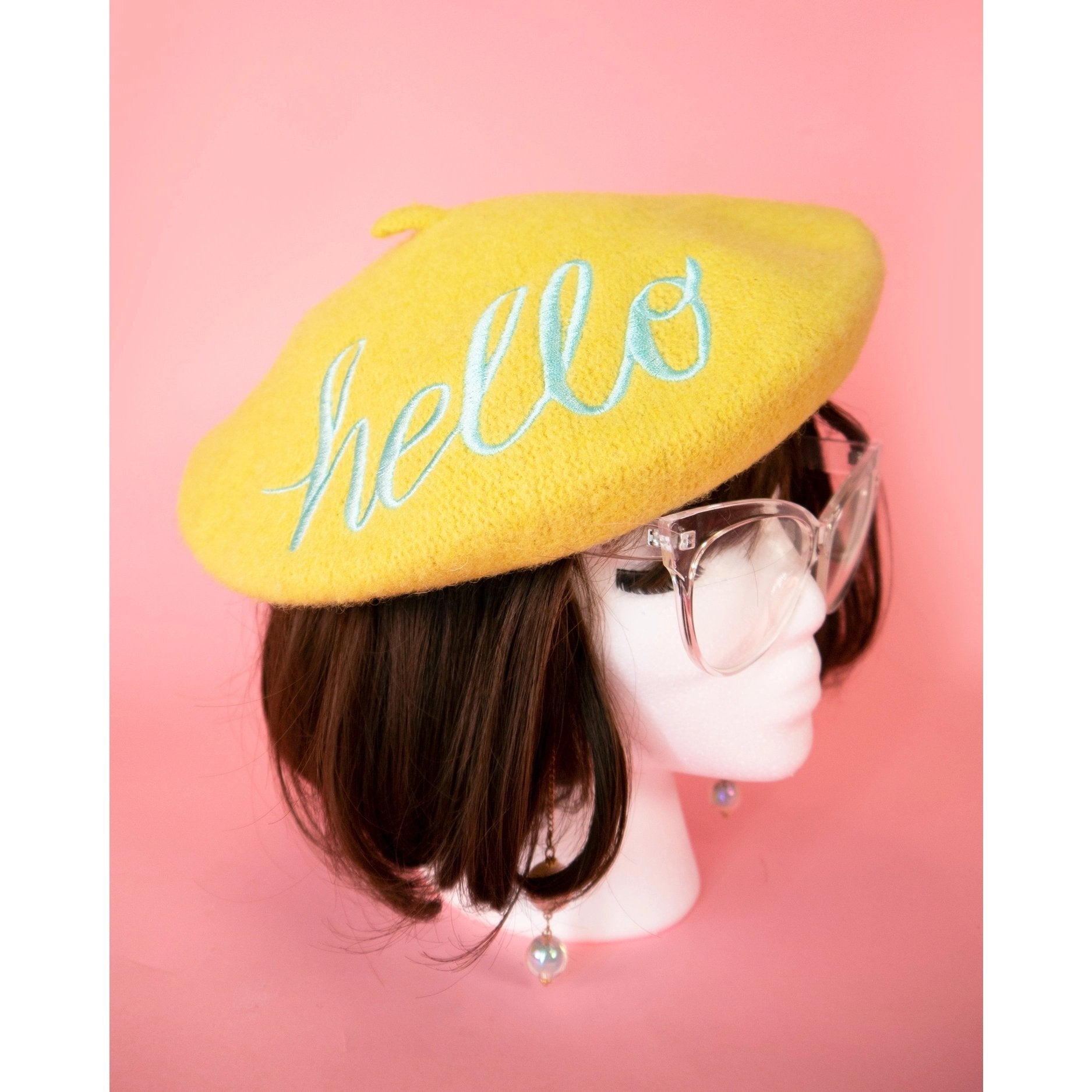 Hello Embroidered Beret in Yellow Hat La Vie Bien Hello Embroidered Beret in Yellow