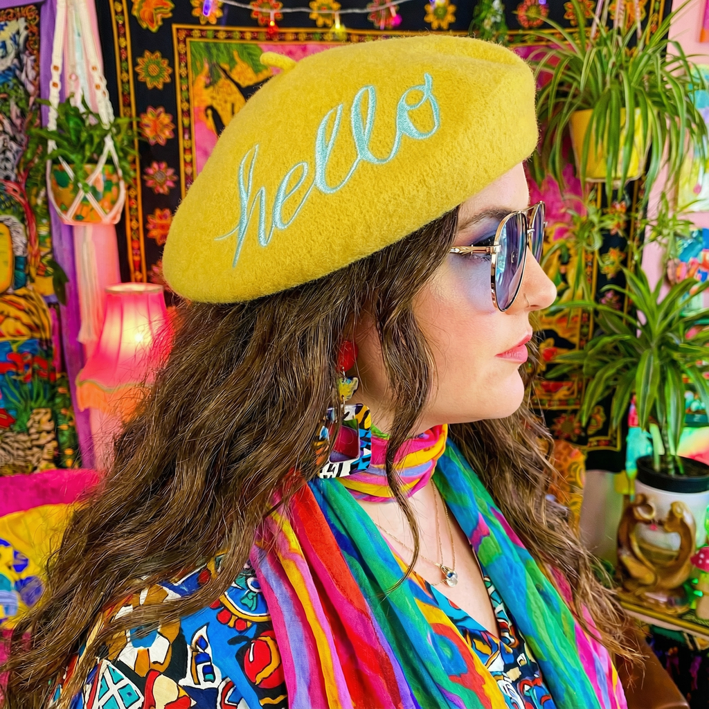 Hello Embroidered Beret in Yellow Hat La Vie Bien Hello Embroidered Beret in Yellow