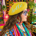 Hello Embroidered Beret in Yellow Hat La Vie Bien Hello Embroidered Beret in Yellow