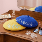 Hello Embroidered Beret in Yellow Hat La Vie Bien Hello Embroidered Beret in Yellow