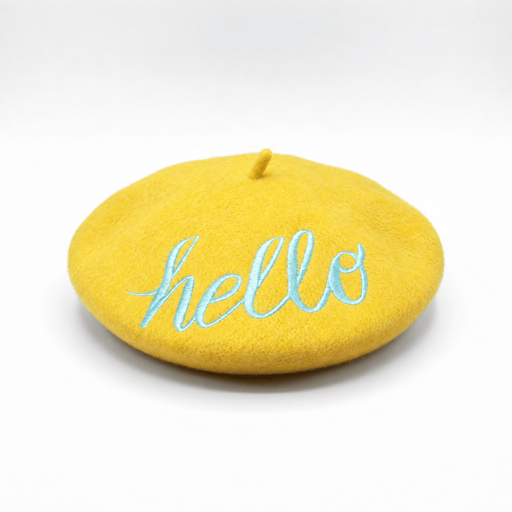 Hello Embroidered Beret in Yellow Hat La Vie Bien Hello Embroidered Beret in Yellow