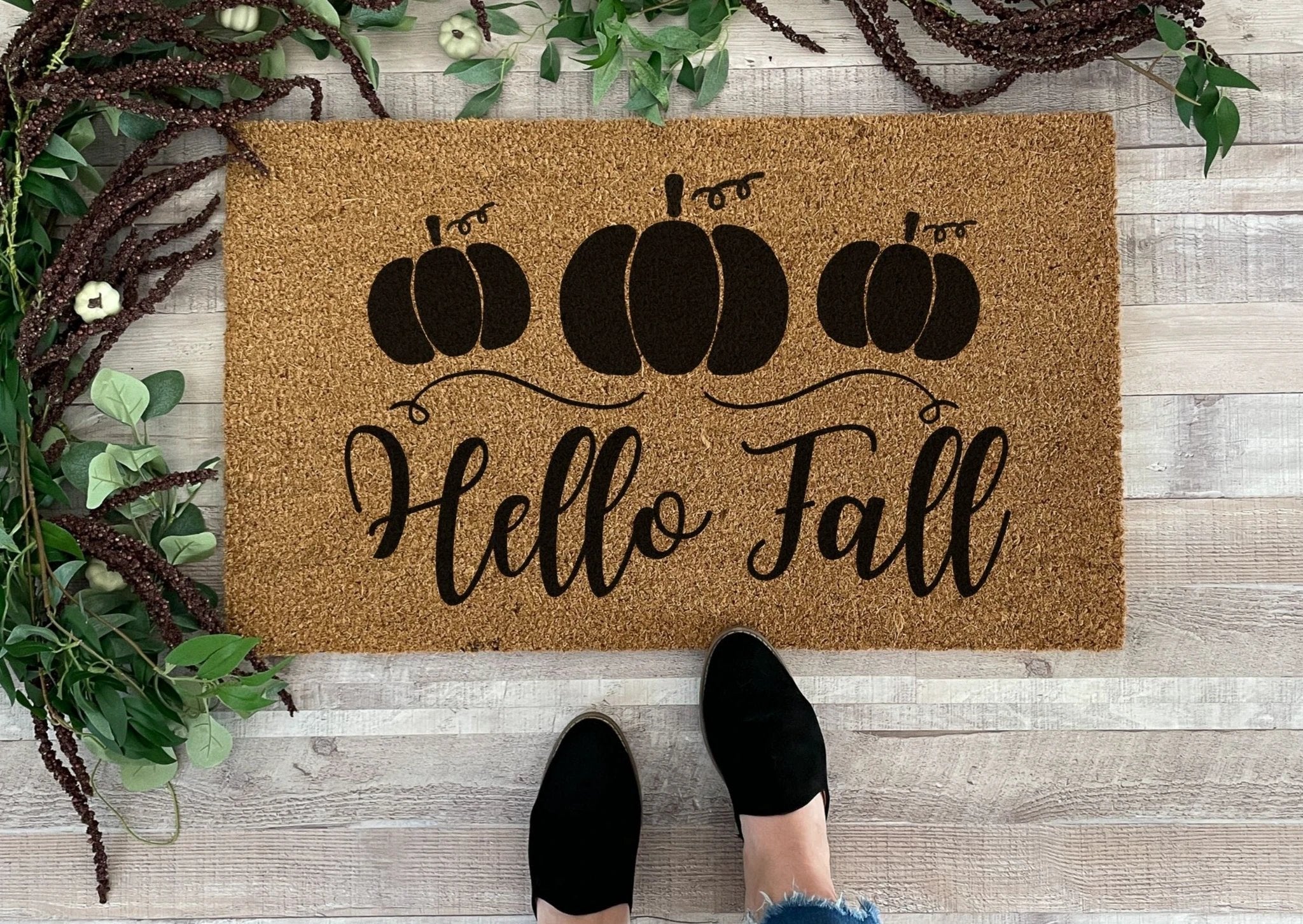 Hello Fall Doormat with Pumpkins by Nickel Designs Custom Doormats