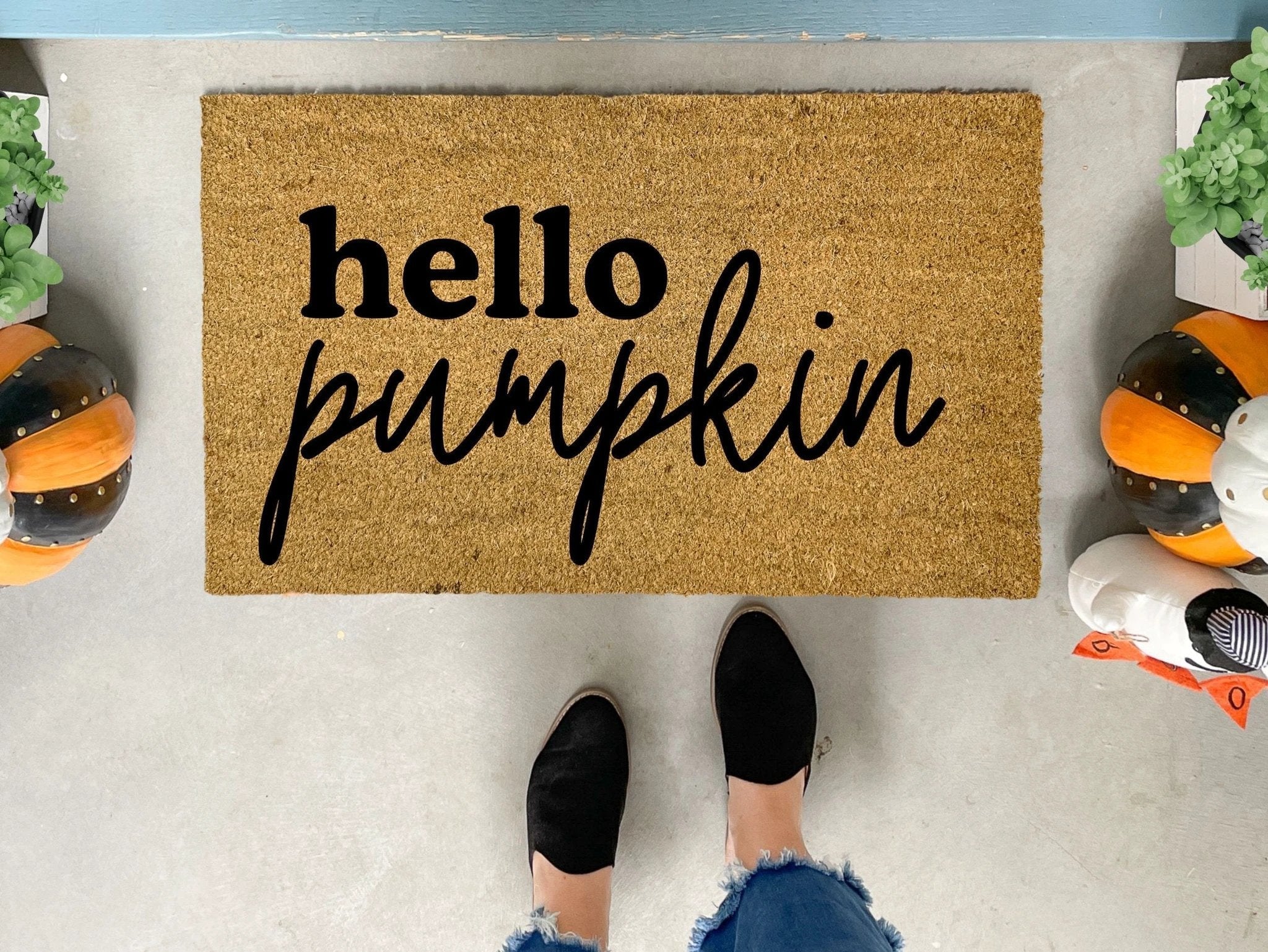 Hello Pumpkin Funny Fall Doormat by Nickel Designs Custom Doormats