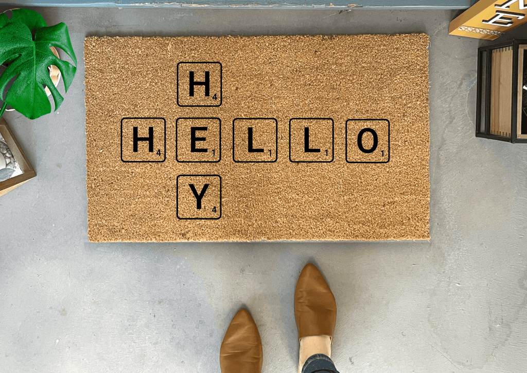 Hello Scrabble Tile Doormat by Nickel Designs Custom Doormats