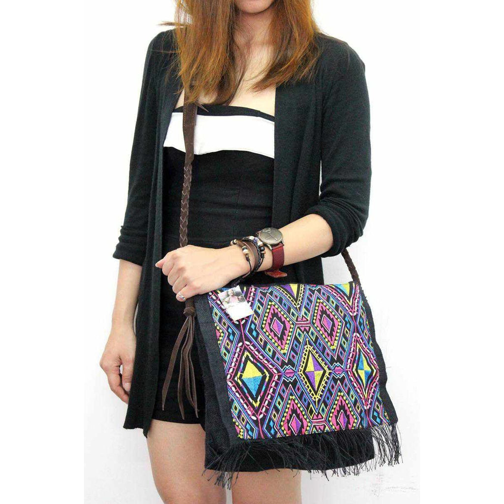 Hemp Diamond Cross - body Embroidered Fabric Purse - Thailand Bags La Vie Bien Hemp Diamond Cross - body Embroidered Fabric Purse - Thailand