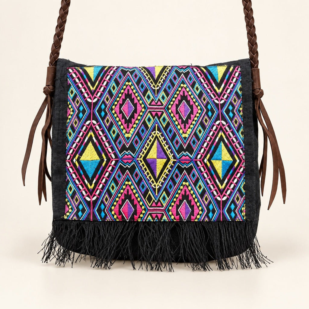 Hemp Diamond Cross-body Embroidered Fabric Purse - Thailand Crossbody La Vie Bien Hemp Diamond Cross-body Embroidered Fabric Purse - Thailand