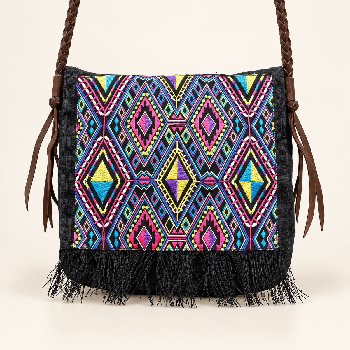 Hemp Diamond Cross-body Embroidered Fabric Purse - Thailand Crossbody La Vie Bien Hemp Diamond Cross-body Embroidered Fabric Purse - Thailand