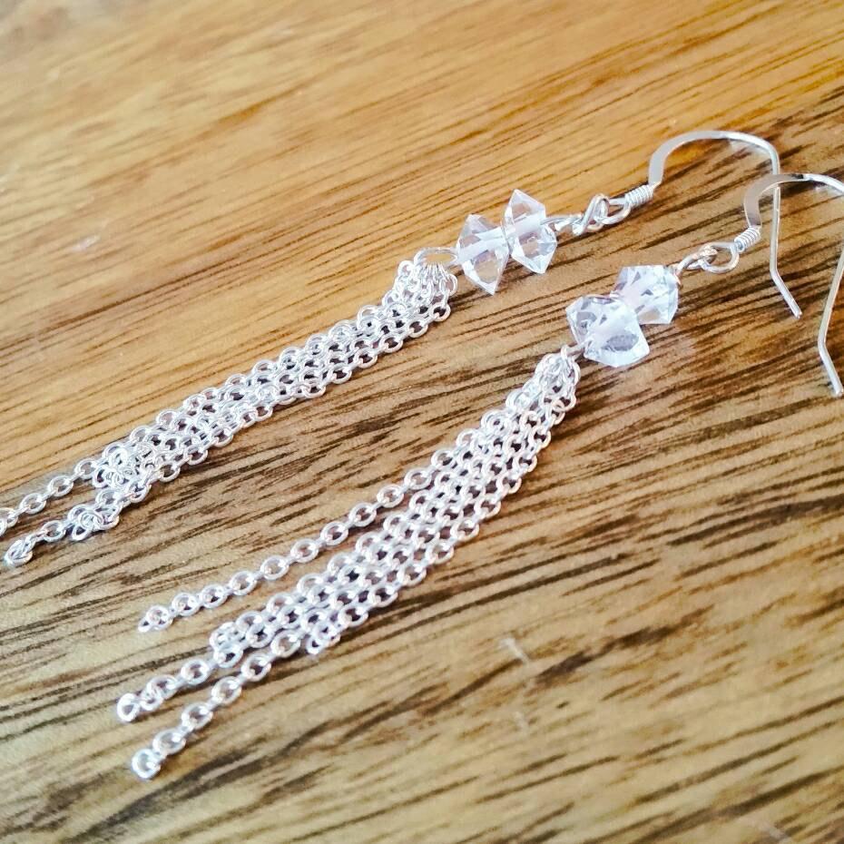 Herkimer Diamond Dangling Chain Earrings Bridal Collection La Vie Bien Herkimer Diamond Dangling Chain Earrings
