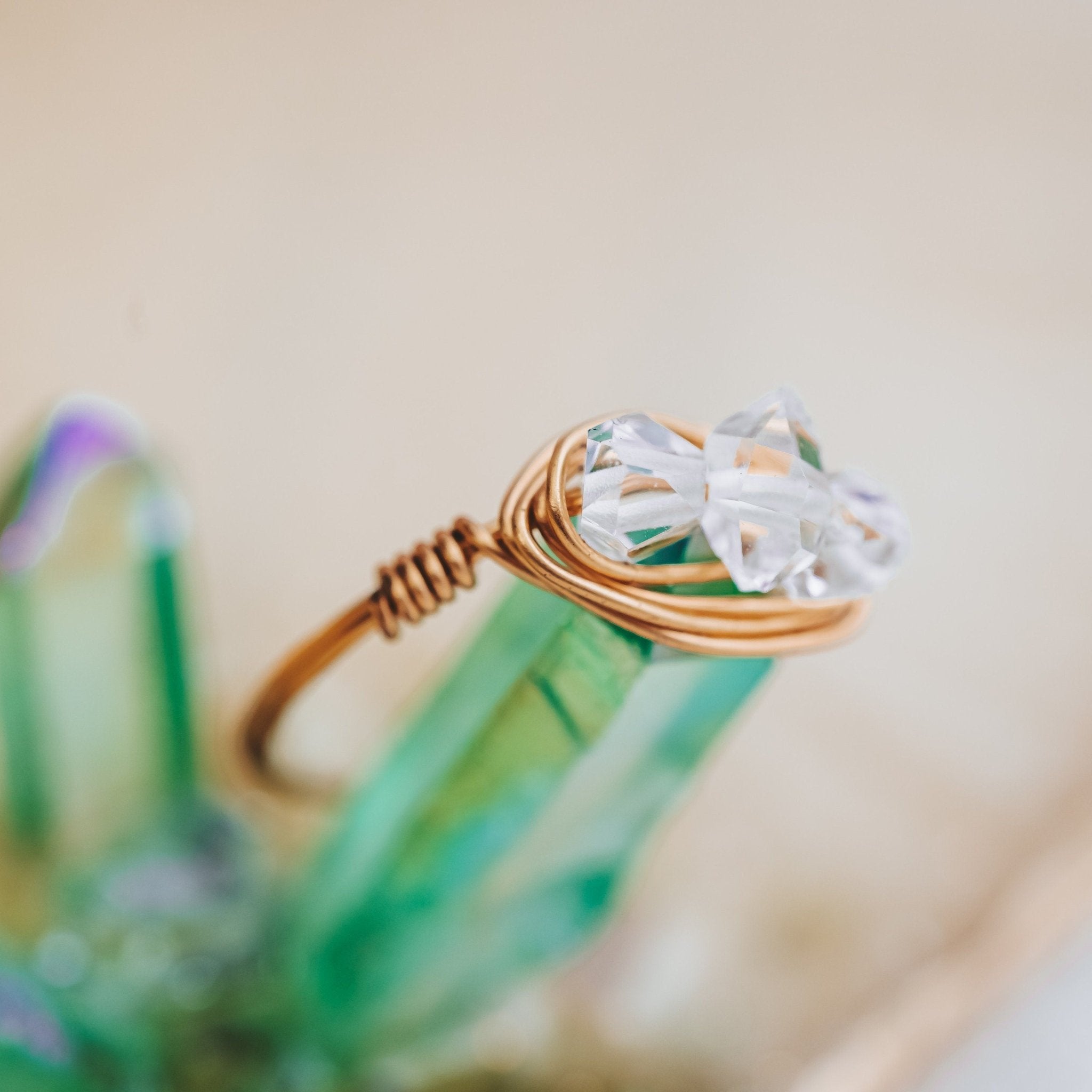 Herkimer Diamond Trio Ring – Hand Wrapped Quartz Crystal Ring Finger Rings La Vie Bien Herkimer Diamond Trio Ring – Hand Wrapped Quartz Crystal Ring