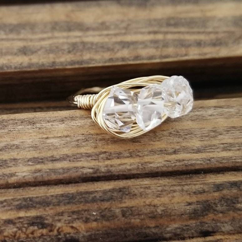Herkimer Diamond Trio Ring – Hand Wrapped Quartz Crystal Ring Finger Rings La Vie Bien Herkimer Diamond Trio Ring – Hand Wrapped Quartz Crystal Ring