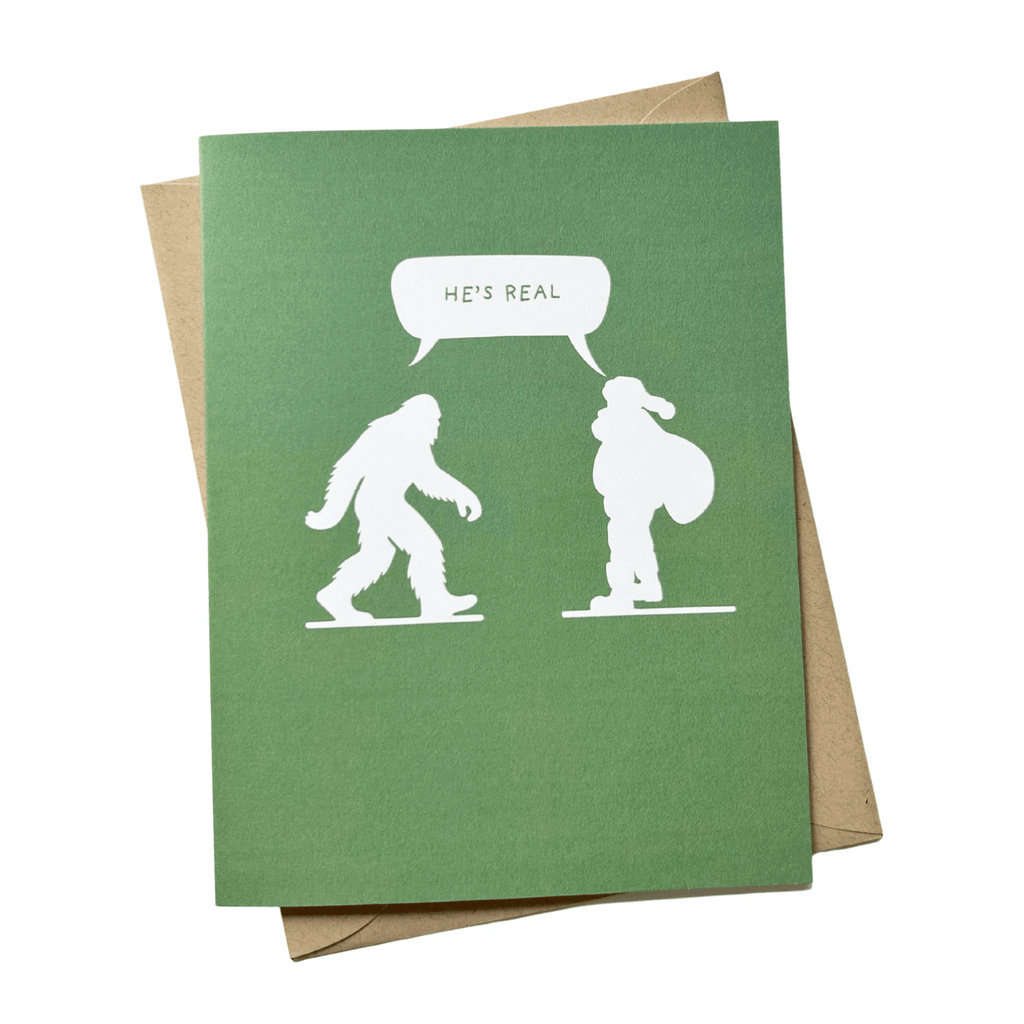 He's Real Christmas Card – Funny PNW Sasquatch & Santa Holiday Greeting by Five Dot Post