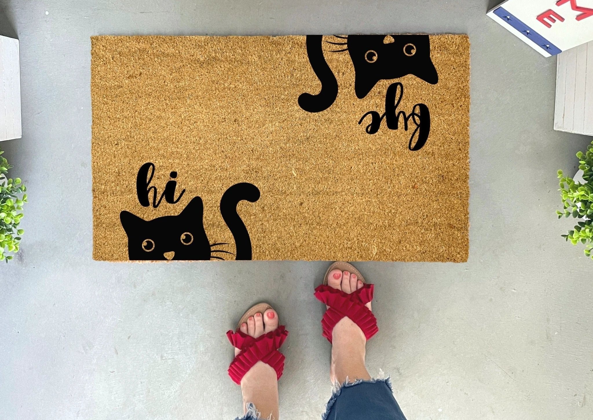 Hi Bye Funny Cat Doormat by Nickel Designs Custom Doormats