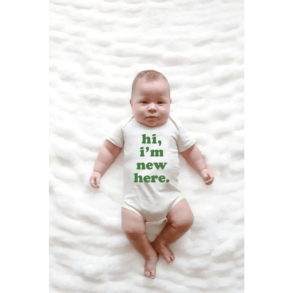 Hi I’m New Here Baby Onesie in Organic Cotton Sage by Polished Prints