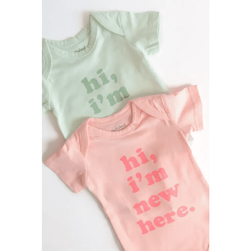 Hi, I'm New Here Mint Organic Cotton Baby Onesie by Polished Prints