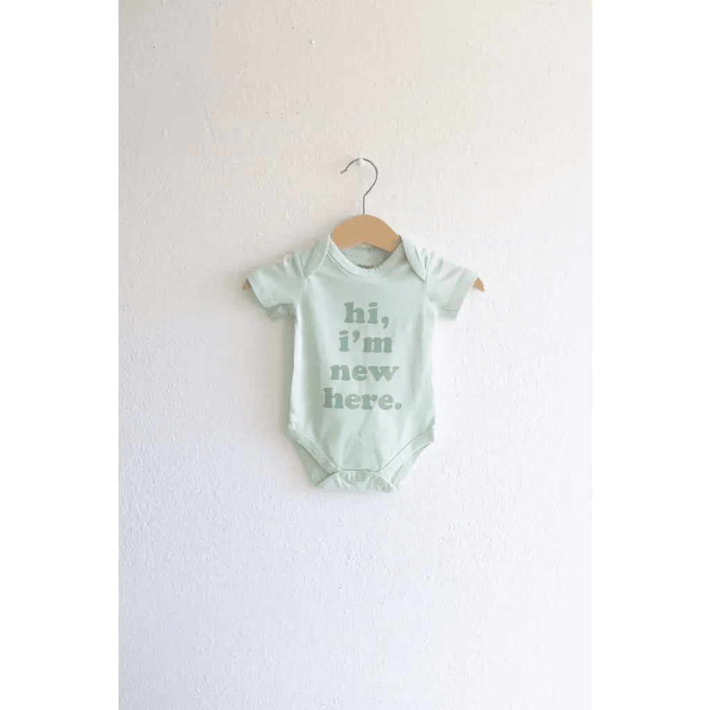Hi, I'm New Here Mint Organic Cotton Baby Onesie by Polished Prints