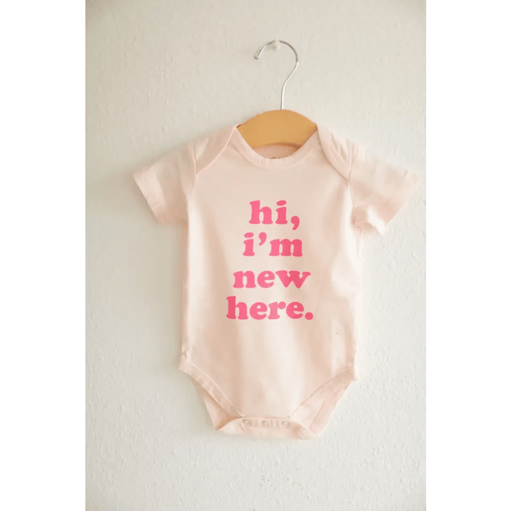 Hi, I'm New Here Organic Cotton Baby Bodysuit with Pink Ink by Polished Prints