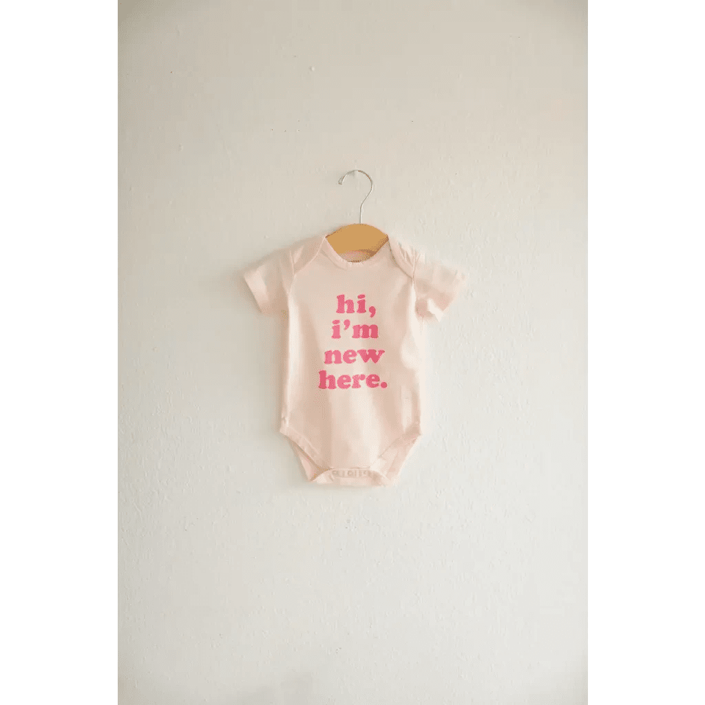 Hi, I'm New Here Organic Cotton Baby Bodysuit with Pink Ink by Polished Prints