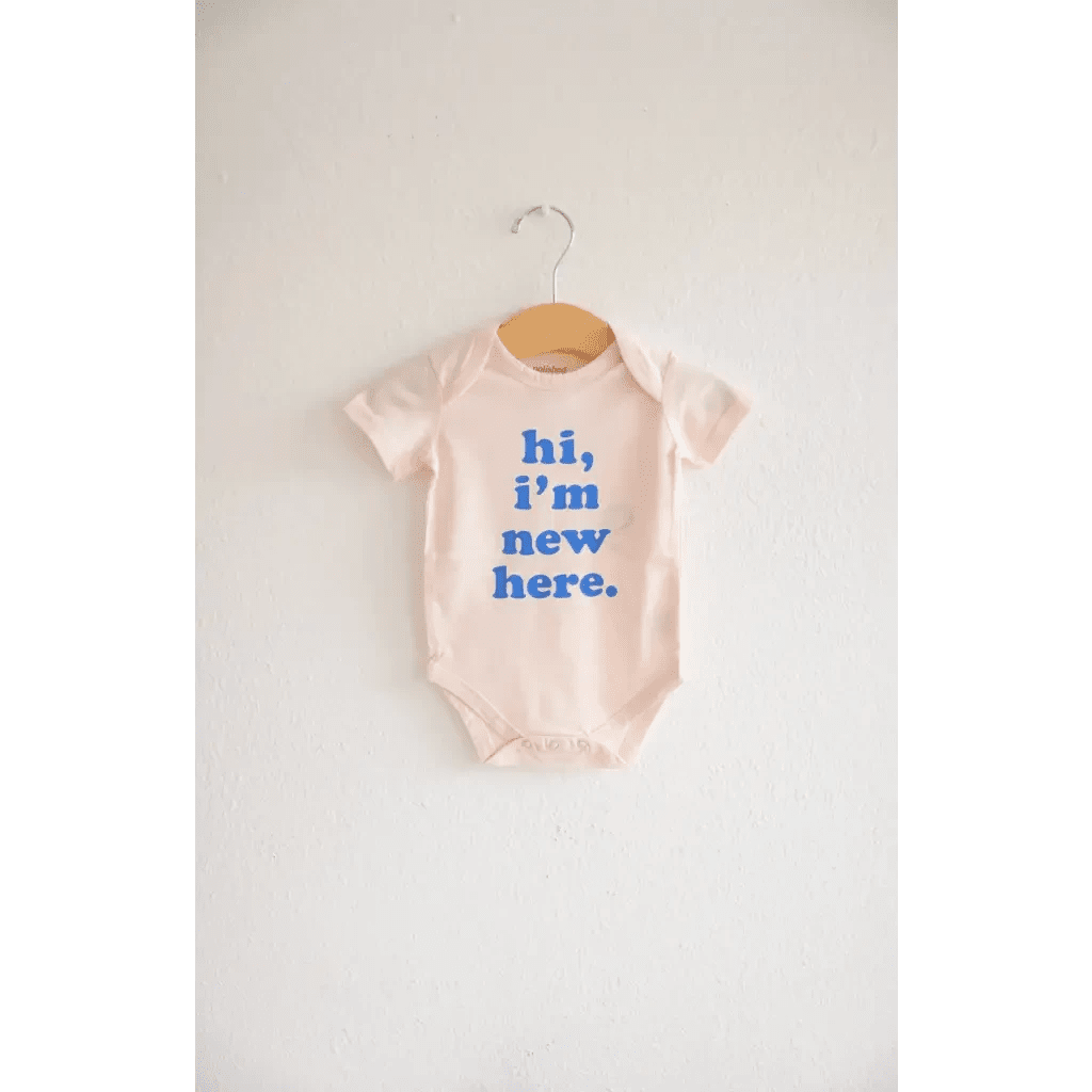 Hi I’m New Here Organic Cotton Baby Onesie in Blue by Polished Prints