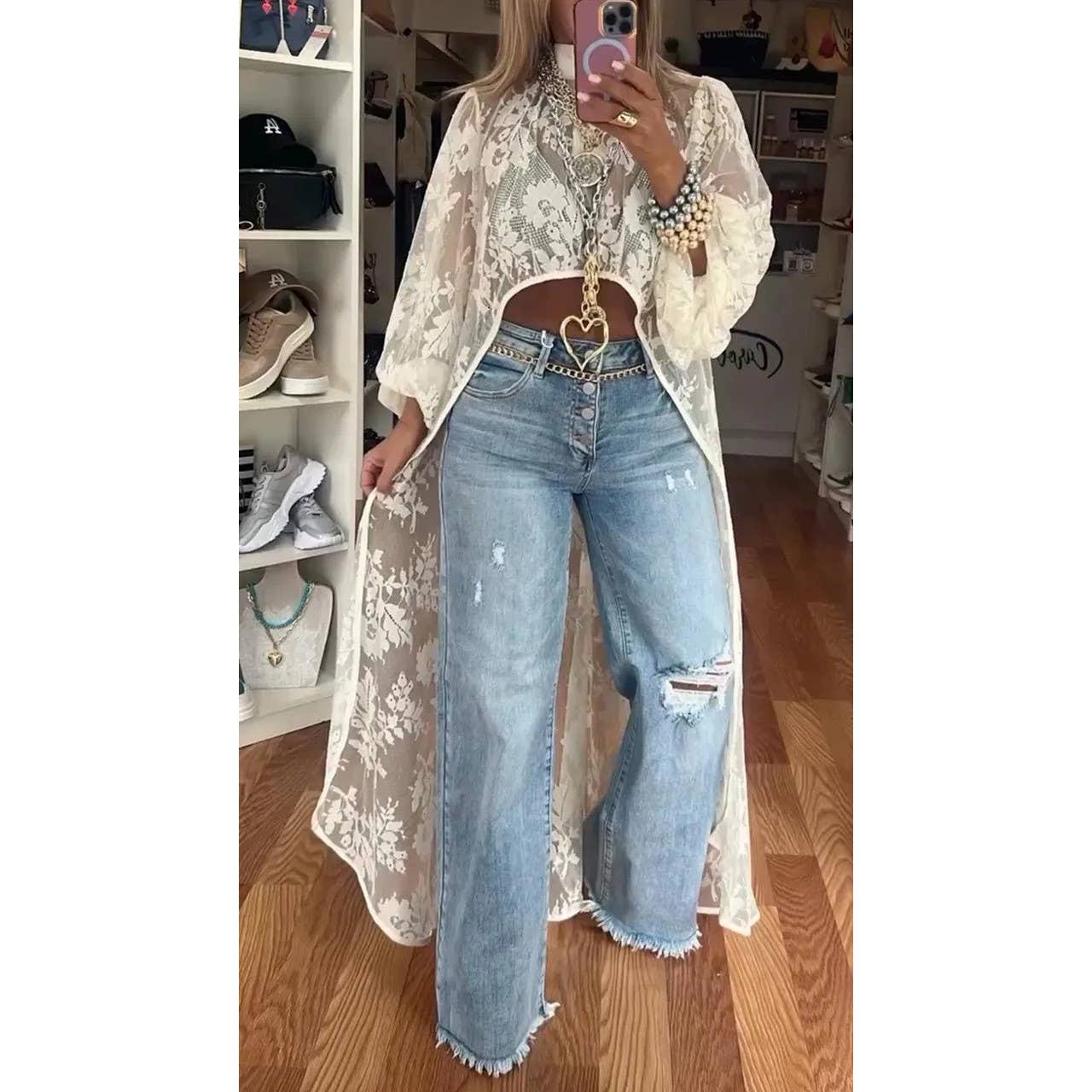 High - Low Bohemia Floral Sheer Lace Duster Blouse [Sizes S - L]