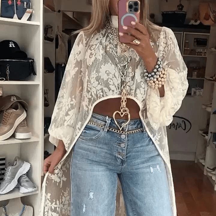 High - Low Bohemia Floral Sheer Lace Duster Blouse [Sizes S - L]
