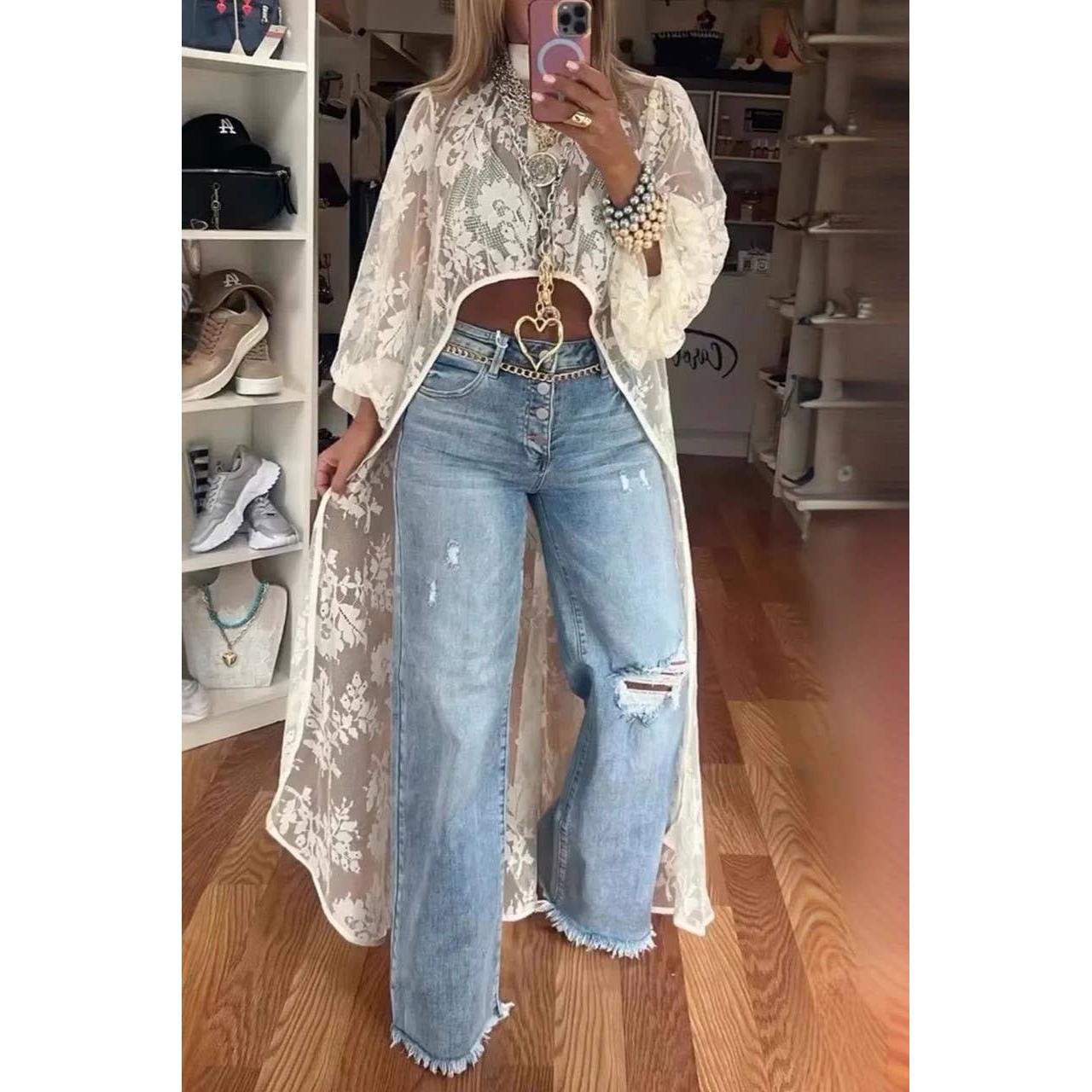 High - Low Bohemia Floral Sheer Lace Duster Blouse [Sizes S - L]