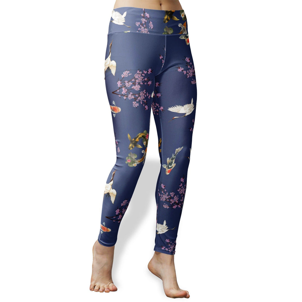 High Waist Yoga Leggings - "Sakura dreams" Cherry blossoms, koi fish, and cranes Leggings La Vie Bien High Waist Yoga Leggings - "Sakura dreams" Cherry blossoms, koi fish, and cranes