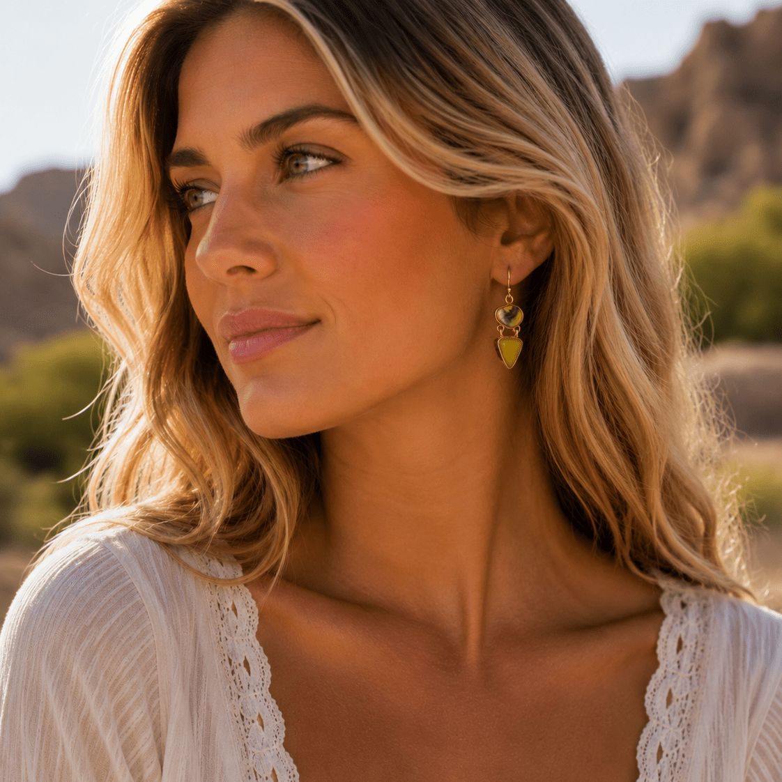 Hinged Yellow Bumblebee Jasper Golden Drop Earrings Earrings La Vie Bien Hinged Yellow Bumblebee Jasper Golden Drop Earrings