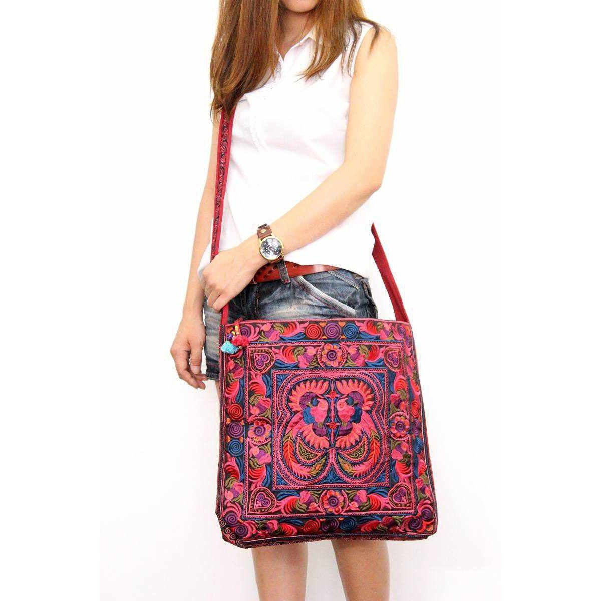Hmong Birds and Pompoms Cross - body Bag - Thailand Bags La Vie Bien Hmong Birds and Pompoms Cross - body Bag - Thailand