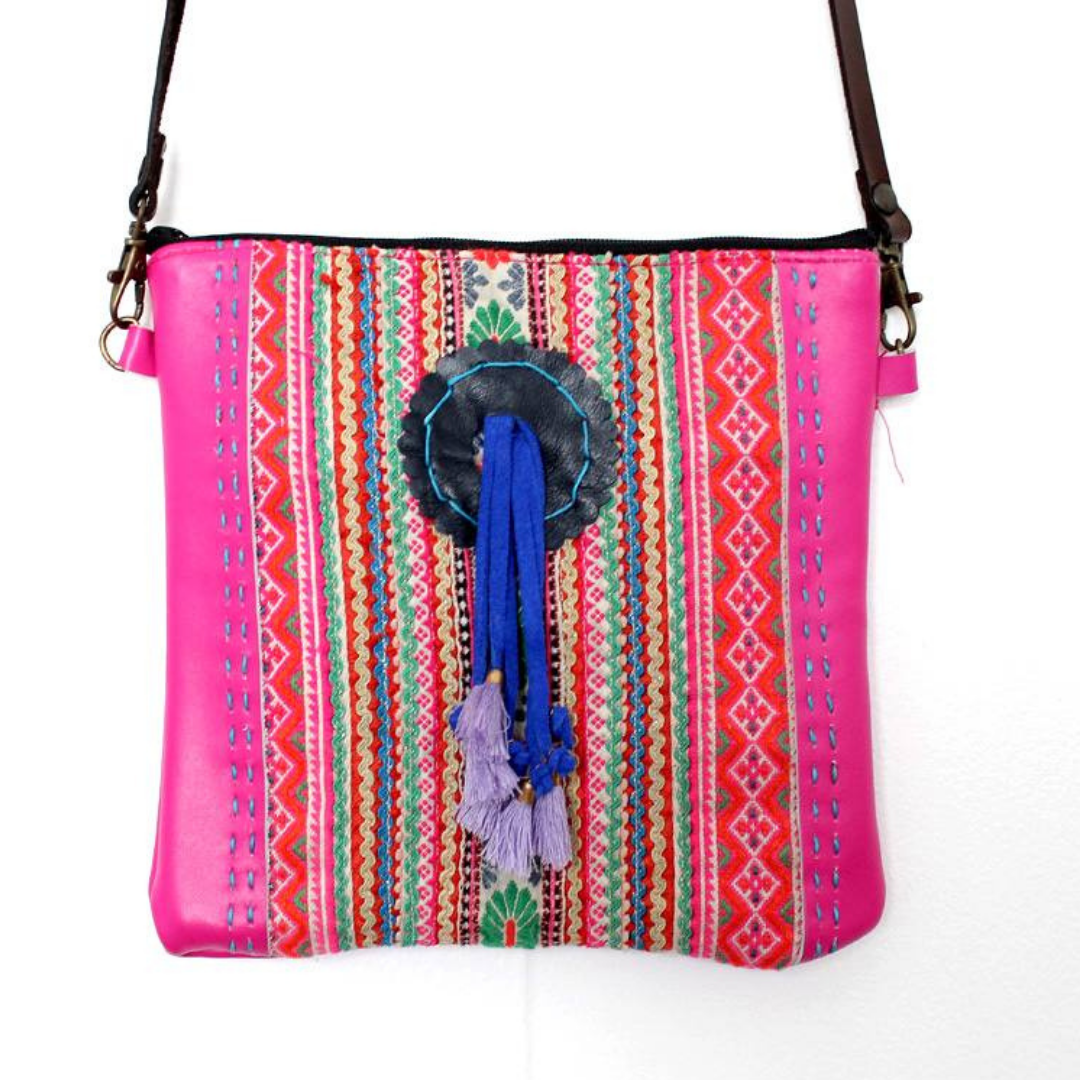 Hmong Fabric and Leather Crossbody Bag - Thailand Bags La Vie Bien Hmong Fabric and Leather Crossbody Bag - Thailand