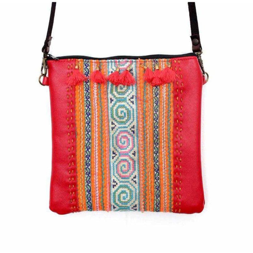 Hmong Fabric and Leather Crossbody Bag - Thailand Bags La Vie Bien Hmong Fabric and Leather Crossbody Bag - Thailand