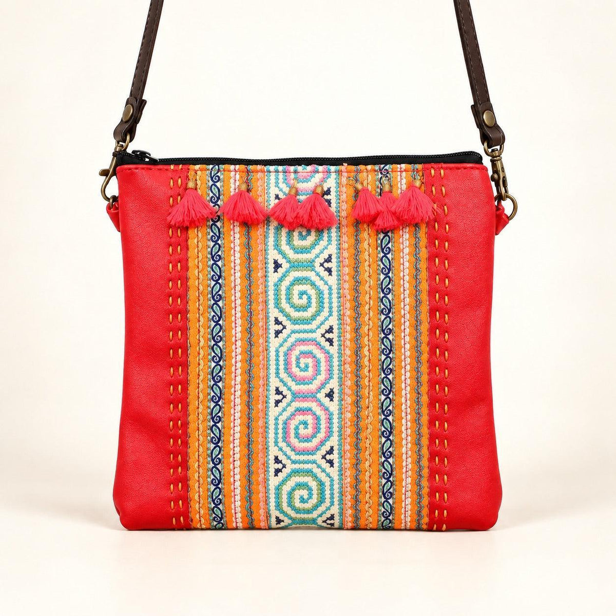 Hmong Fabric and Leather Crossbody Bag - Thailand Crossbody La Vie Bien Hmong Fabric and Leather Crossbody Bag - Thailand