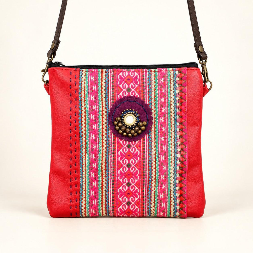 Hmong Fabric and Leather Crossbody Bag - Thailand Crossbody La Vie Bien Hmong Fabric and Leather Crossbody Bag - Thailand