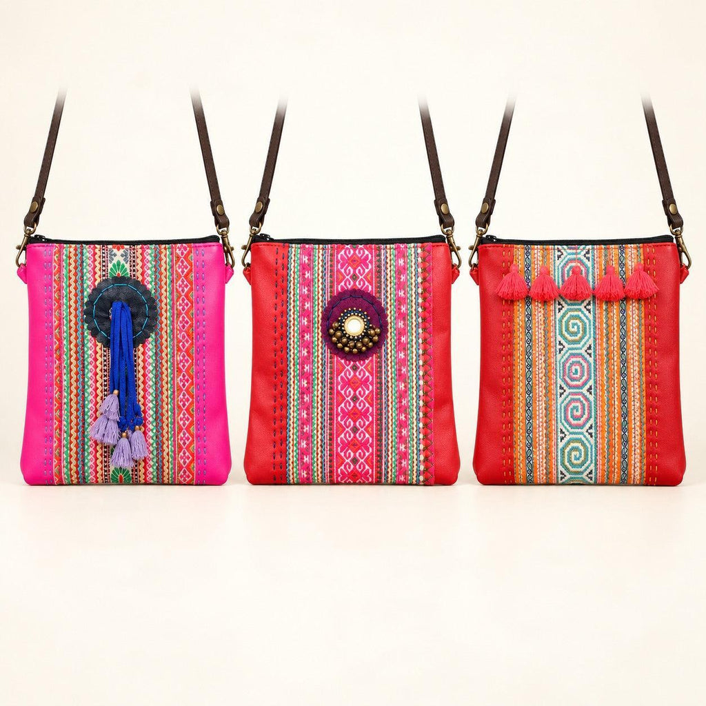 Hmong Fabric and Leather Crossbody Bag - Thailand Crossbody La Vie Bien Hmong Fabric and Leather Crossbody Bag - Thailand