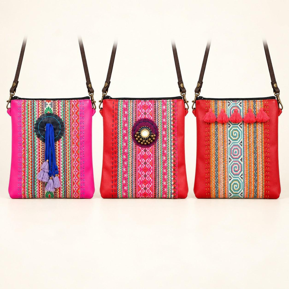 Hmong Fabric and Leather Crossbody Bag - Thailand Crossbody La Vie Bien Hmong Fabric and Leather Crossbody Bag - Thailand