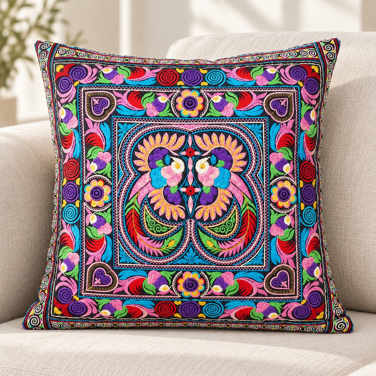 Hmong Bird Embroidered Pillow Cover - Thailand