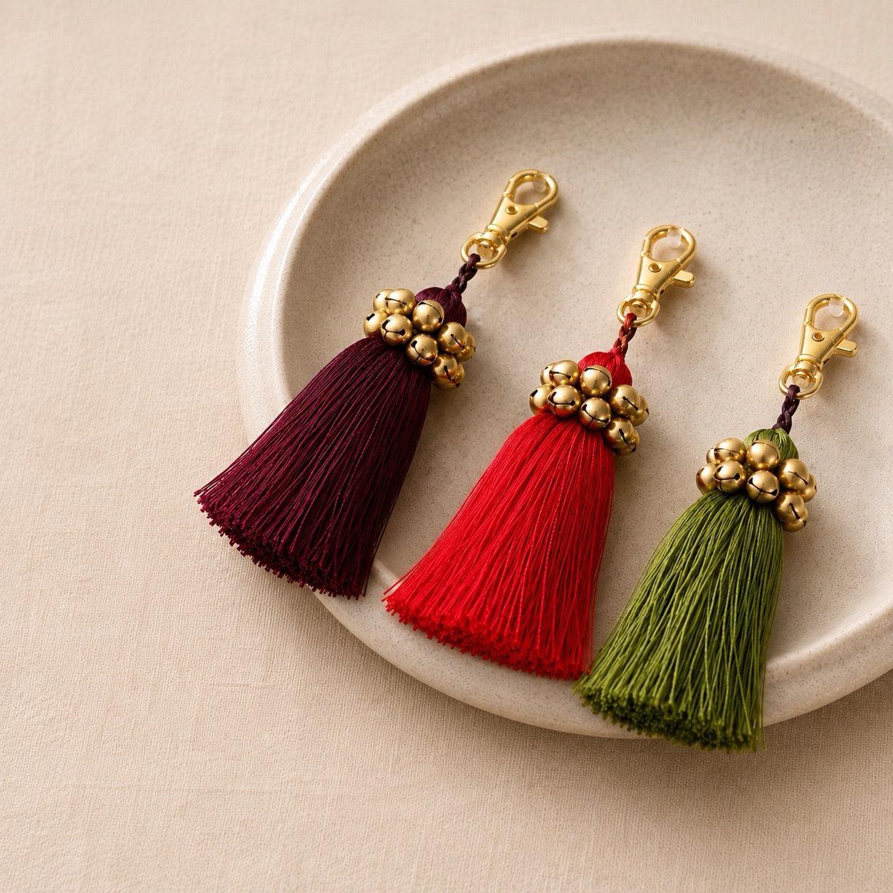 Fair Trade Cotton Tassel Zipper Pull with Bells | Handmade Keychain or Bag Charm from Thailand