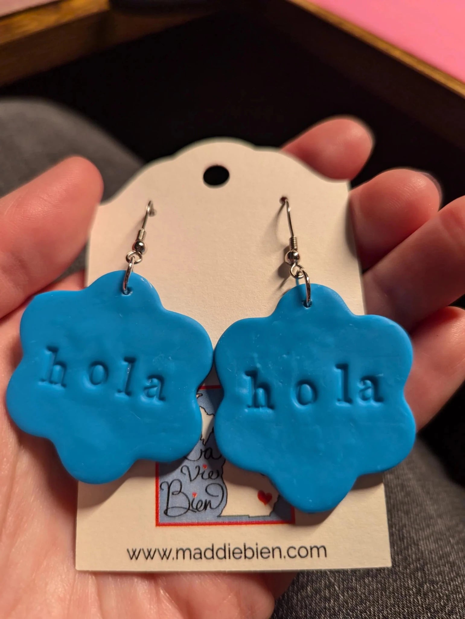 Hola Polymer Clay Earrings: Turquoise Flower, Bilingual Gift Earrings La Vie Bien Hola Polymer Clay Earrings: Turquoise Flower, Bilingual Gift