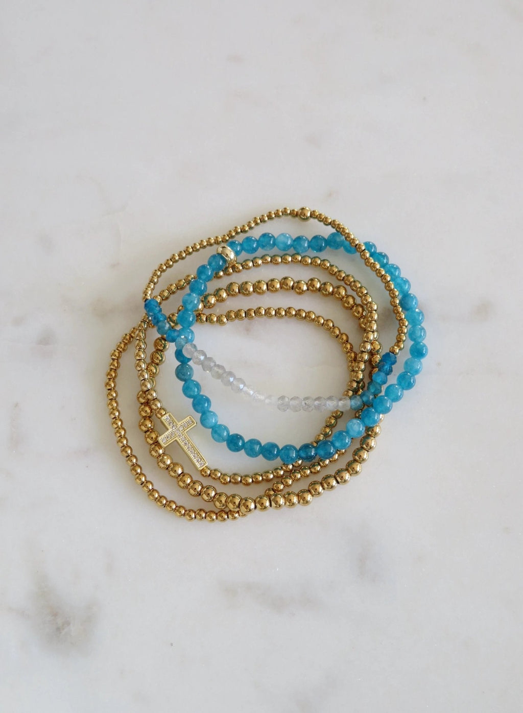 Holy Cross Blue Beaded Bracelet Stack - Set of 5 Waterproof Non - Tarnish