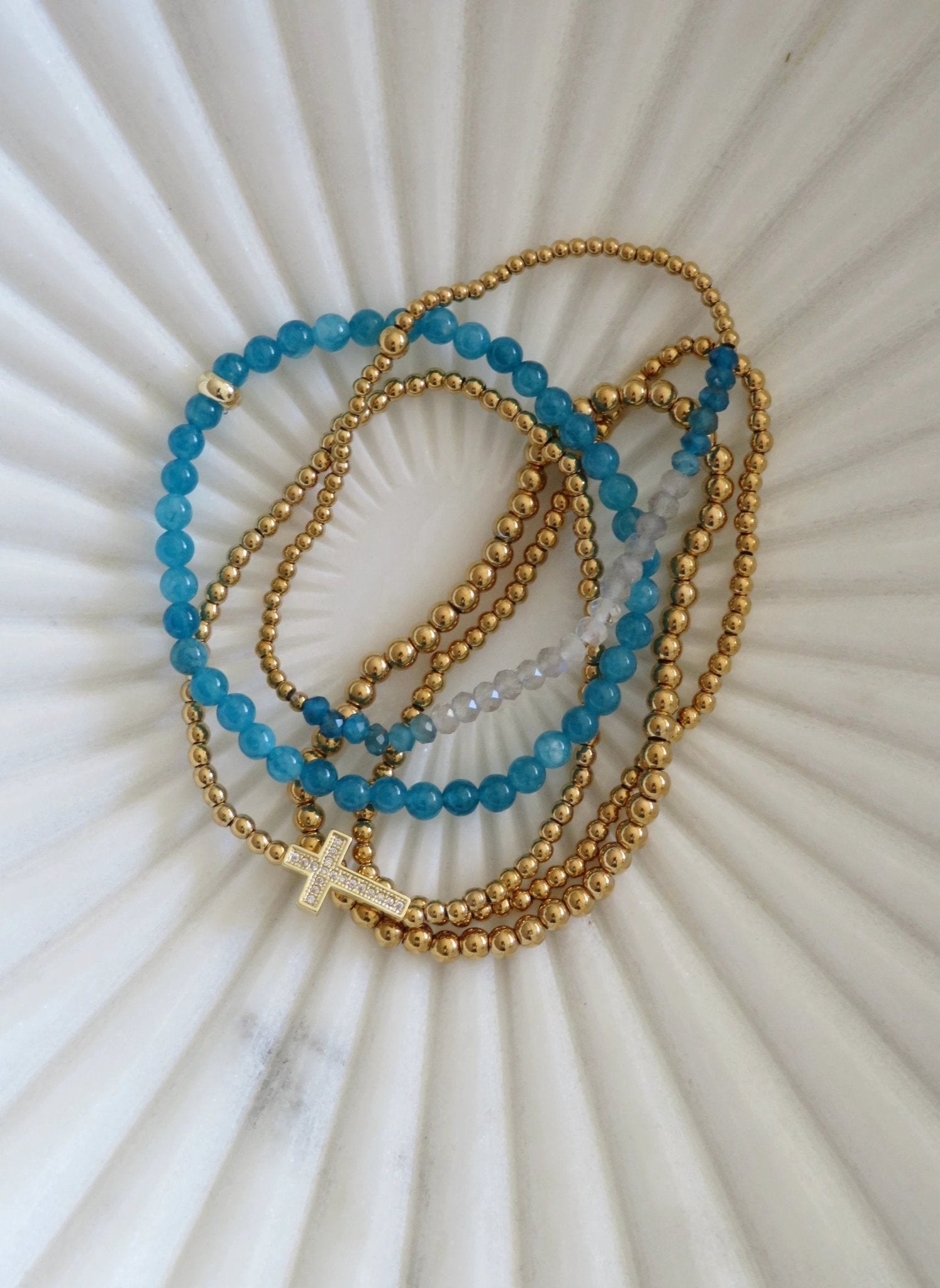 Holy Cross Blue Beaded Bracelet Stack - Set of 5 Waterproof Non - Tarnish