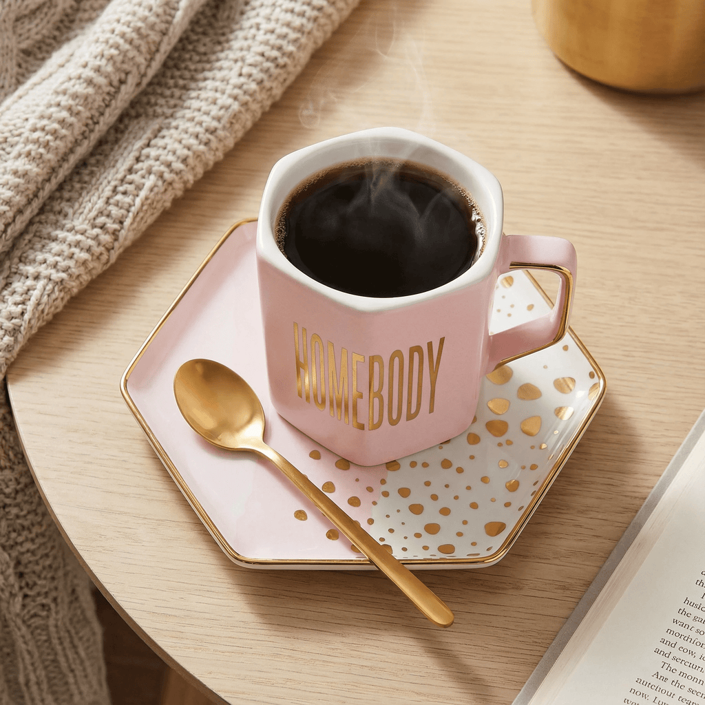 Homebody Hexagon Mug and Saucer Set in Pink with Gold Dot Pattern by The Bullish Store