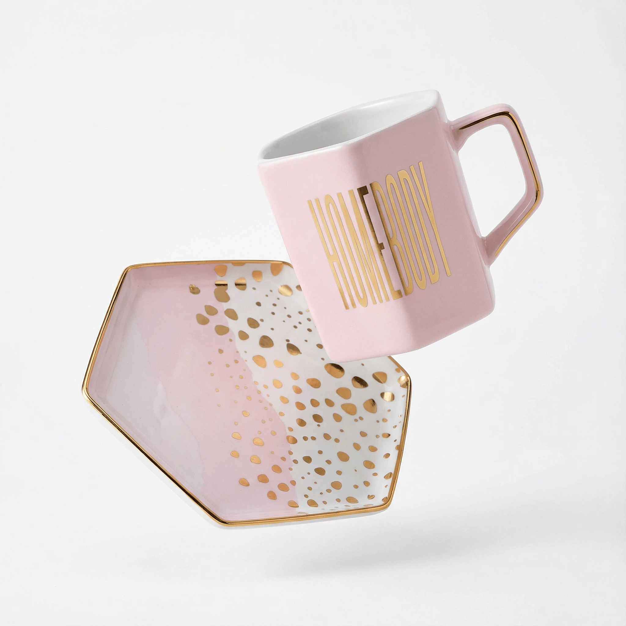 Homebody Hexagon Mug and Saucer Set in Pink with Gold Dot Pattern by The Bullish Store