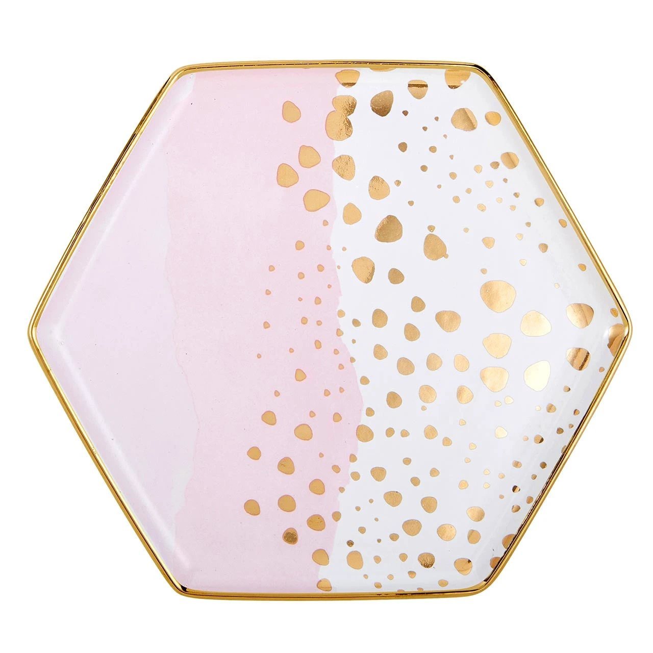Homebody Hexagon Mug and Saucer Set in Pink with Gold Dot Pattern by The Bullish Store