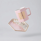 Homebody Hexagon Mug and Saucer Set in Pink with Gold Dot Pattern by The Bullish Store