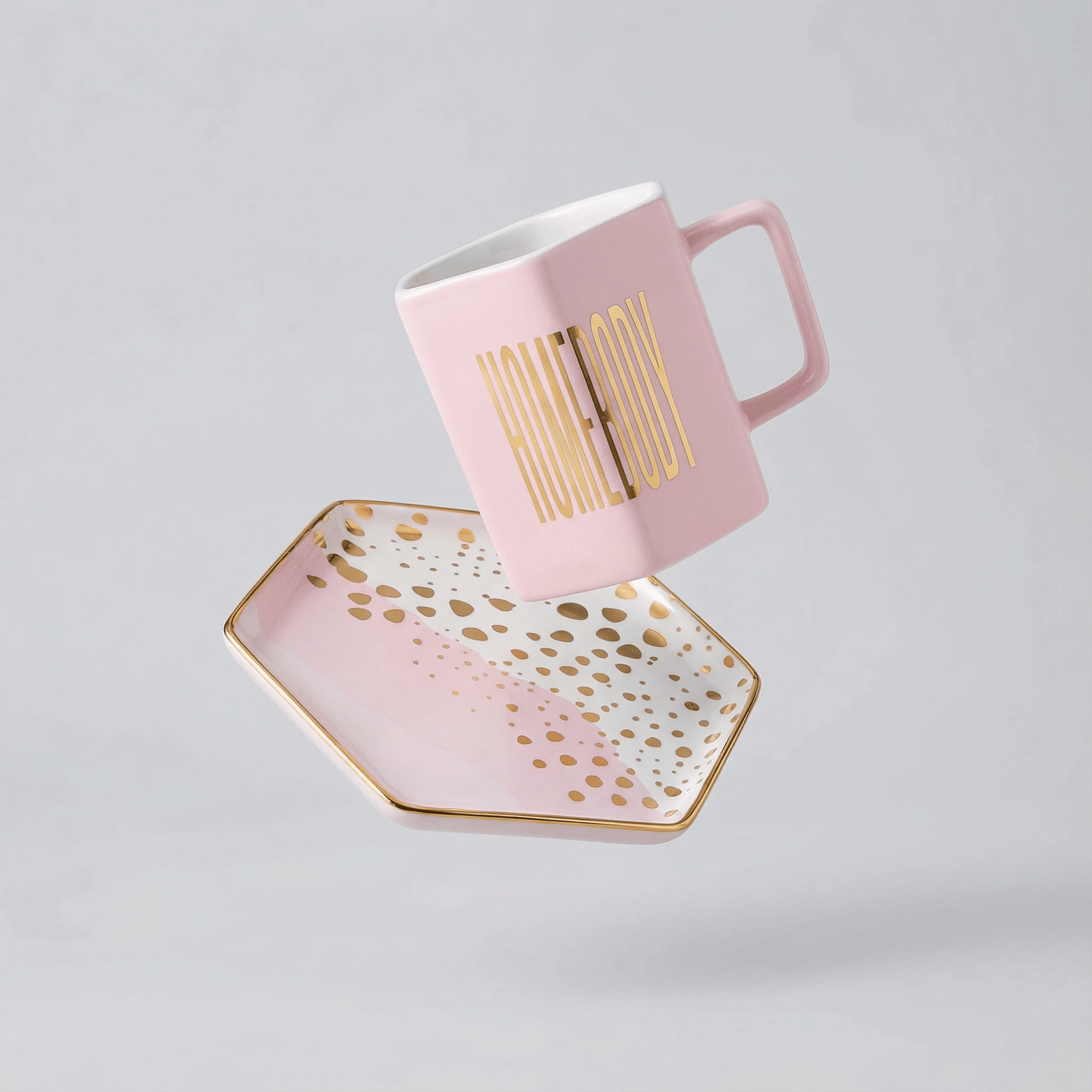 Homebody Hexagon Mug and Saucer Set in Pink with Gold Dot Pattern by The Bullish Store