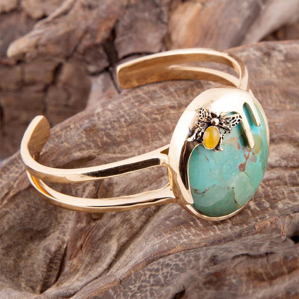 Honey Bee Blue Turquoise Golden Cuff Bracelet by Barse Jewelry