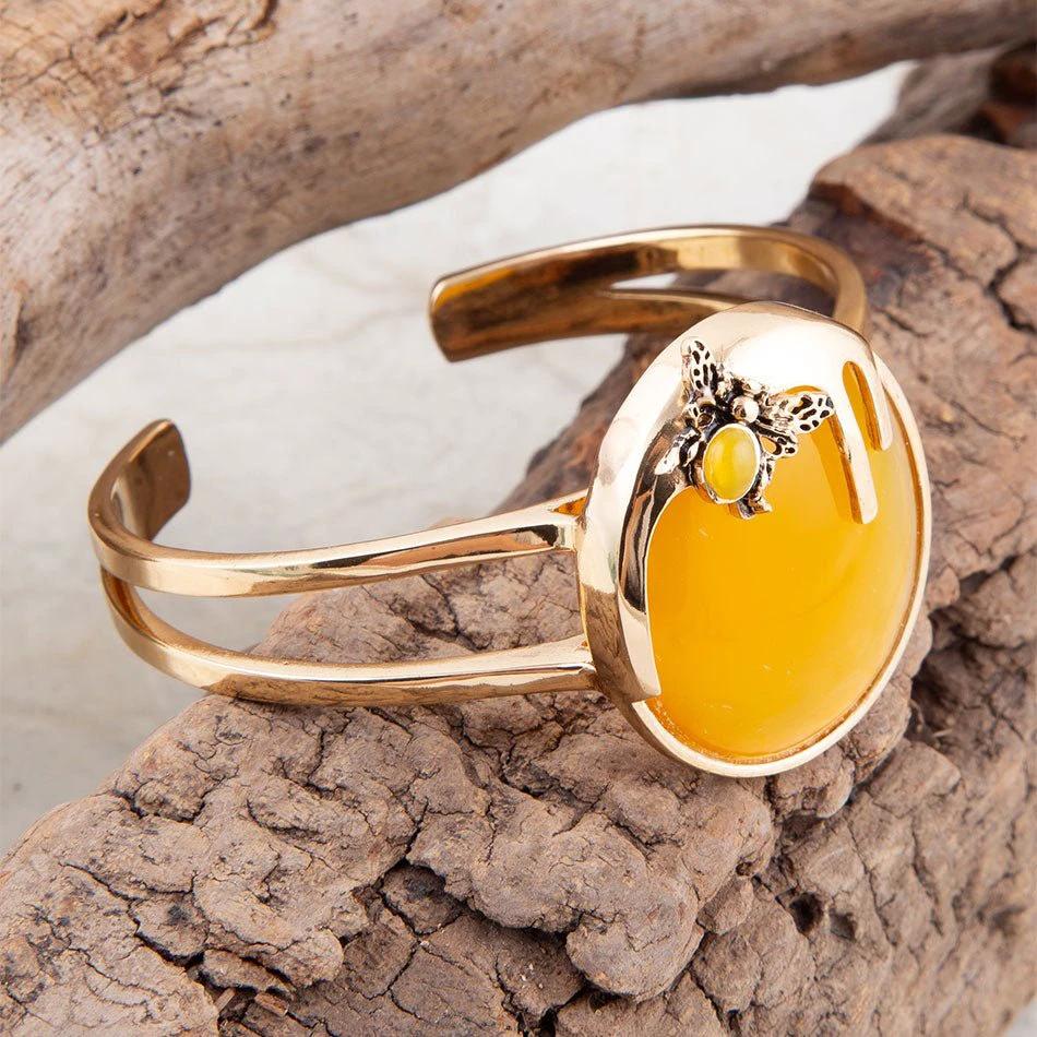 Honey Bee Yellow Agate Golden Cuff Bracelet by Barse Jewelry