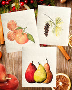 Hostess set of 3 | Pears, Tangerine, and Pinecone (Botanical artist Cara Cummings) Swedish Dishcloths La Vie Bien Hostess set of 3 | Pears, Tangerine, and Pinecone (Botanical artist Cara Cummings)