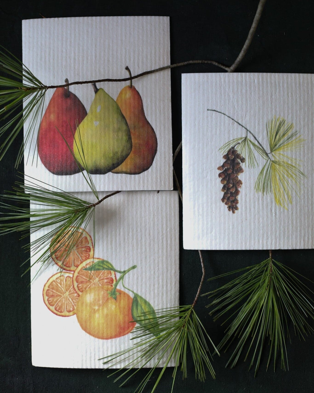 Hostess set of 3 | Pears, Tangerine, and Pinecone (Botanical artist Cara Cummings) Swedish Dishcloths La Vie Bien Hostess set of 3 | Pears, Tangerine, and Pinecone (Botanical artist Cara Cummings)